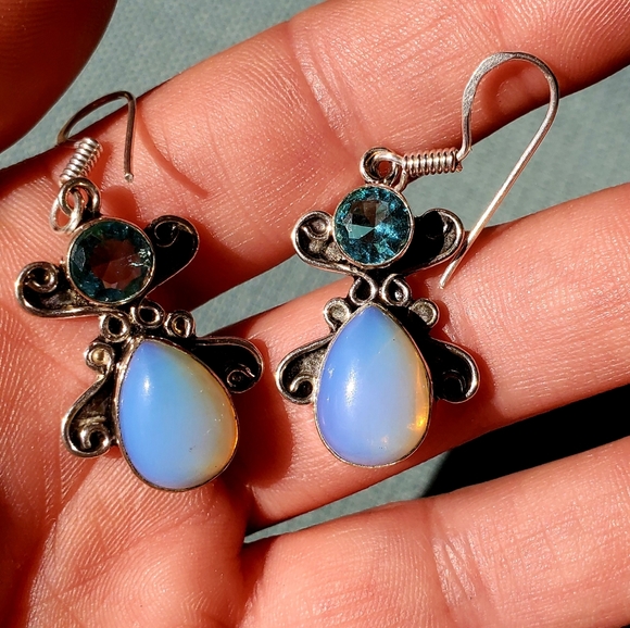 New Fiery Opalite and Blue Quartz Silver Earrings. - Picture 8 of 12